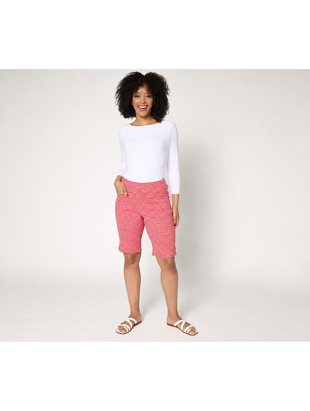 Belle by Kim Gravel Stretch Gingham Pull On Bermuda Short Cherry Red, Size 32
